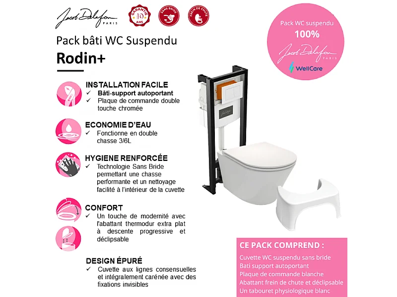 Pack WC suspendu sans bride JACOB DELAFON Rodin+ avec abattant + bâti support + plaque blanche + tabouret blanc