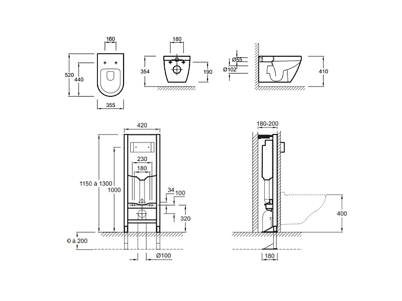 Pack WC suspendu sans bride JACOB DELAFON Rodin+ avec abattant + bâti support + plaque blanche + tabouret blanc