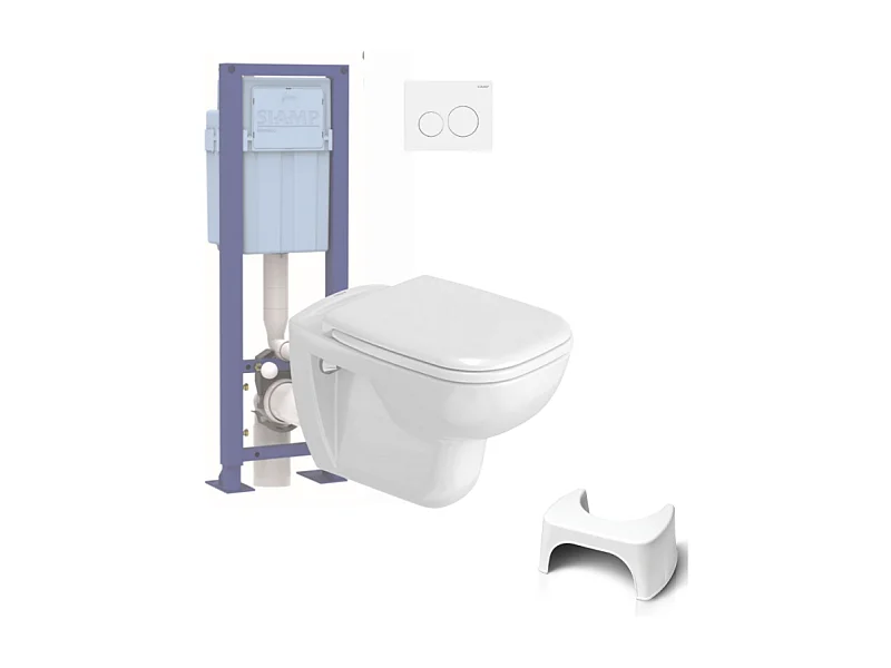 Pack WC suspendu DURAVIT D-code + bati support SIAMP + plaque + tabouret physiologique blanc