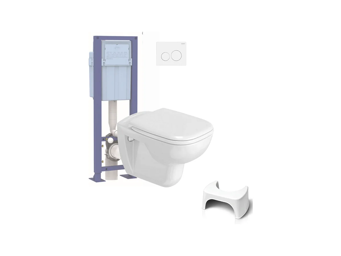 Pack WC suspendu DURAVIT D-code + bati support SIAMP + plaque + tabouret physiologique blanc