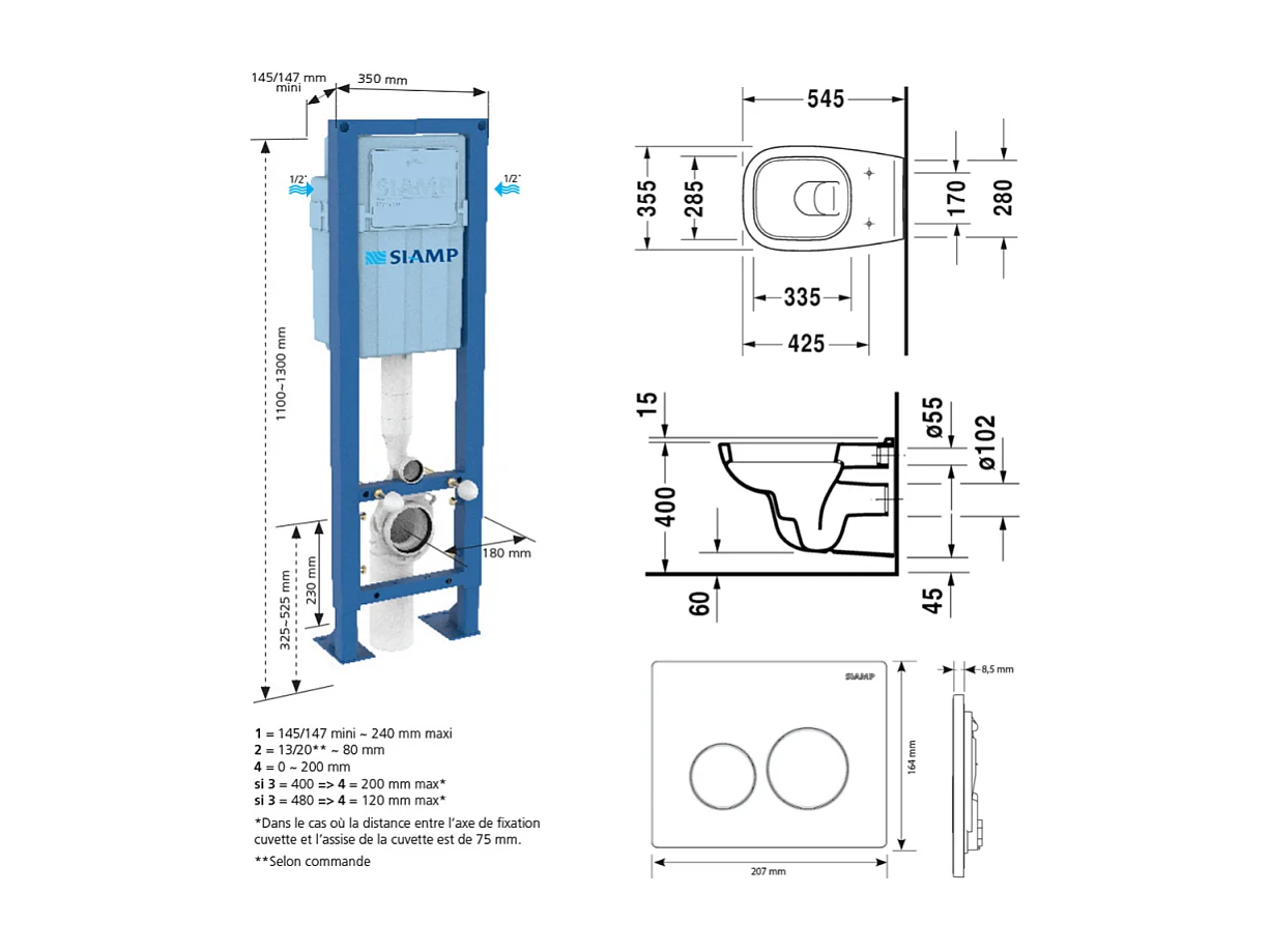 Pack WC suspendu DURAVIT D-code + bati support SIAMP + plaque + tabouret physiologique blanc