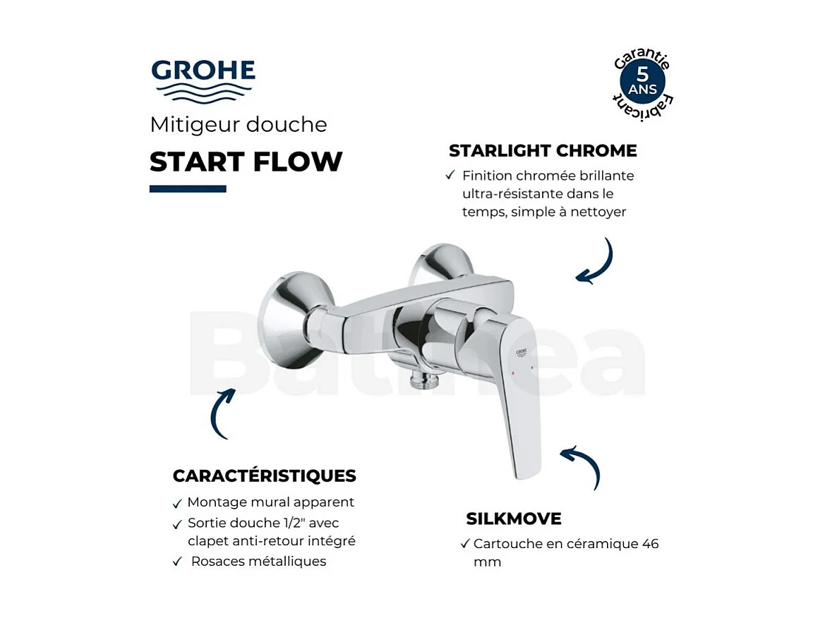 Mitigeur de douche mécanique GROHE Startflow avec limiteur + chiffonnette