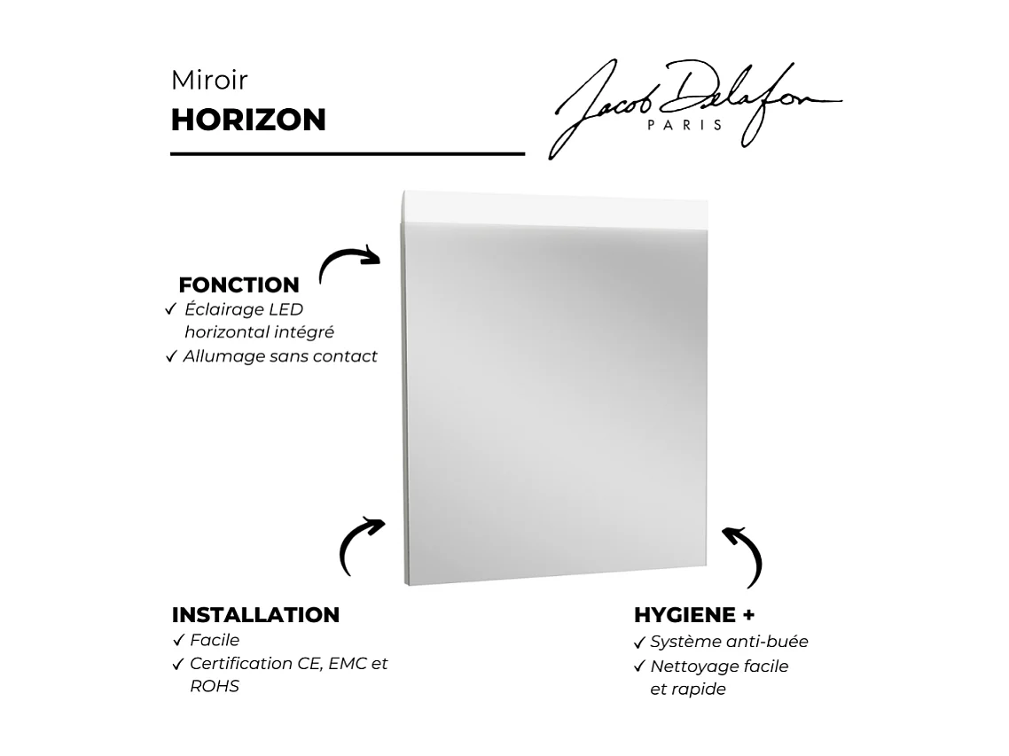Miroir LED sans contact 120 cm JACOB DELAFON rectangulaire