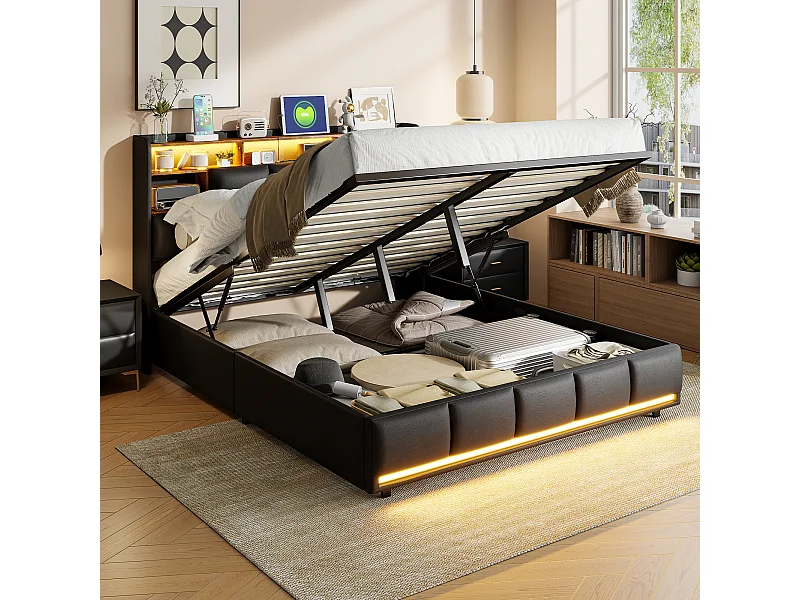 Cama de casal 140 x 200, faixa de luz LED + carregador de cabeceira + armazenamento embaixo da cama, preto, PU