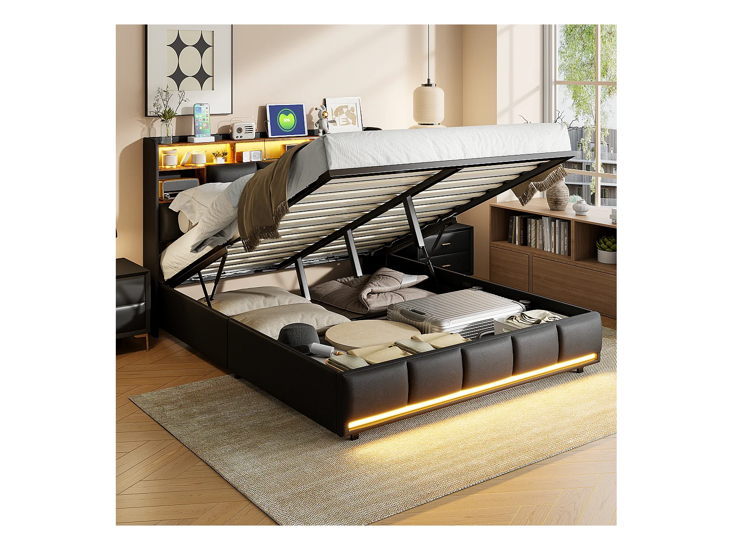 Lit double 140 x 200 , bande lumineuse LED + chargeur de chevet + rangement sous le lit, noir, PU
