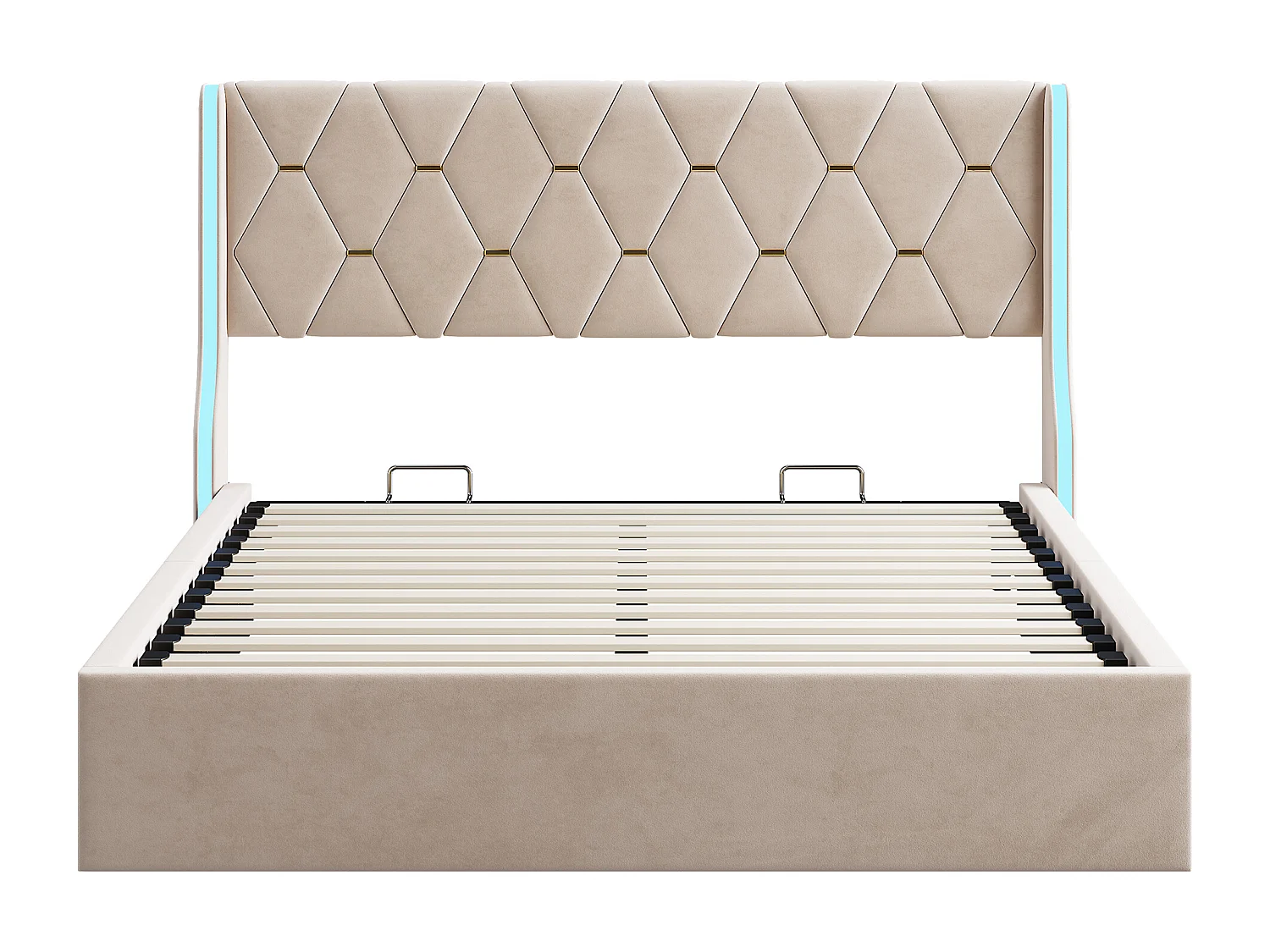 Cama doble 140*190, barra hidráulica, espacio de almacenamiento debajo de la cama, luces a cada lado de la mesita de noche, beige, franela.