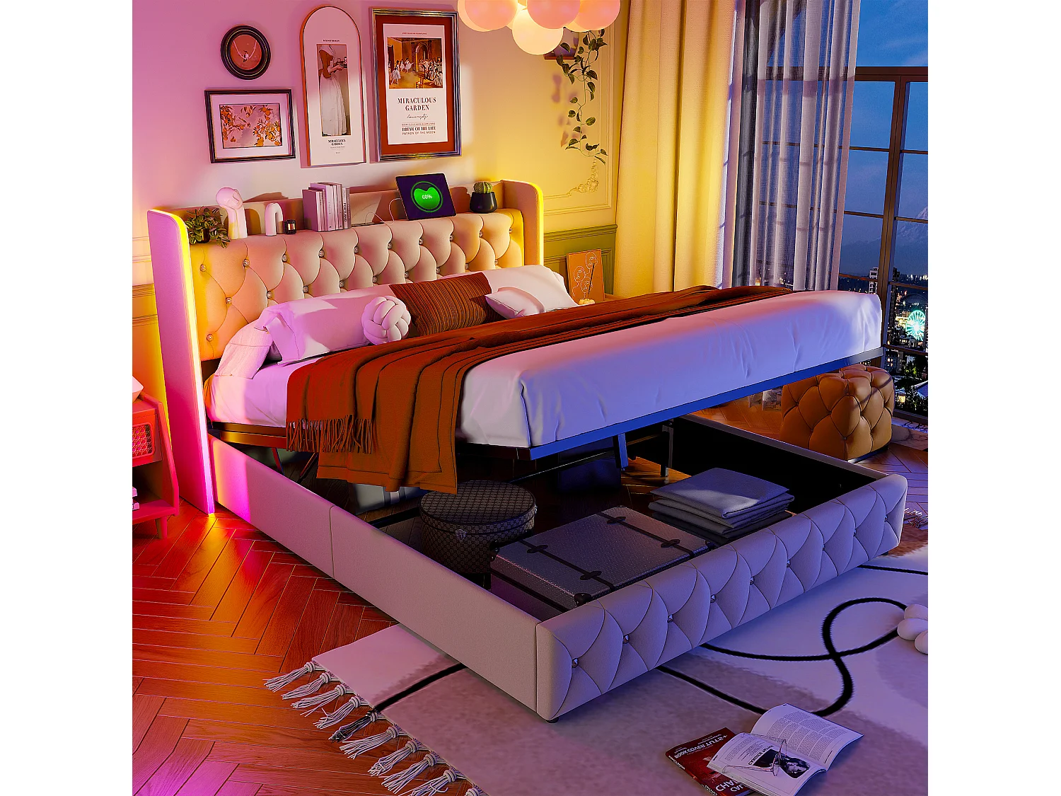 Cama de casal 160*200, luz LED, haste hidráulica, carregamento USB, armazenamento embaixo da cama, bege, flanela