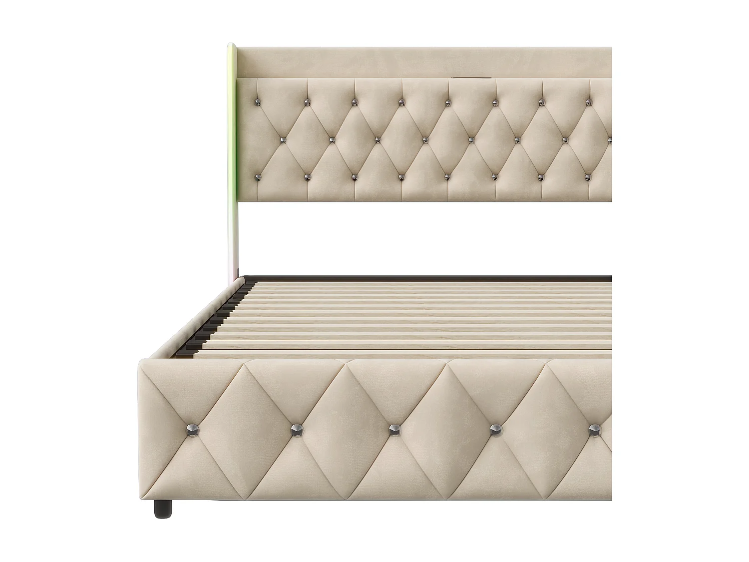 Cama de casal 160*200, luz LED, haste hidráulica, carregamento USB, armazenamento embaixo da cama, bege, flanela