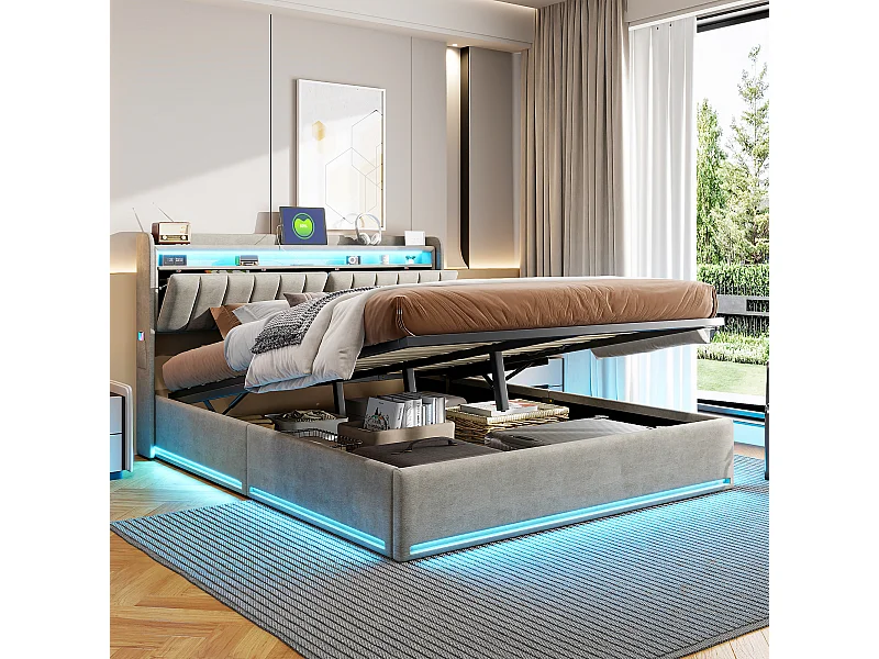 Lit coffre hydraulique 160*200, tête de lit avec chargeur + fonction rangement, avec bandeau lumineux, velours, gris