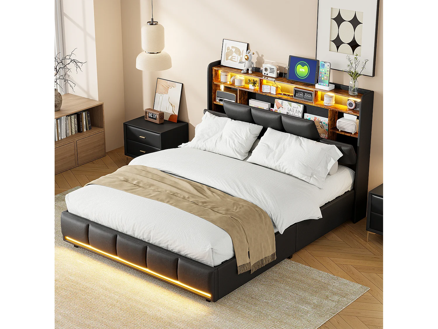 Tweepersoonsbed 160 x 200, LED-lichtstrip + nachtkastje + opbergruimte onder het bed, zwart, PU