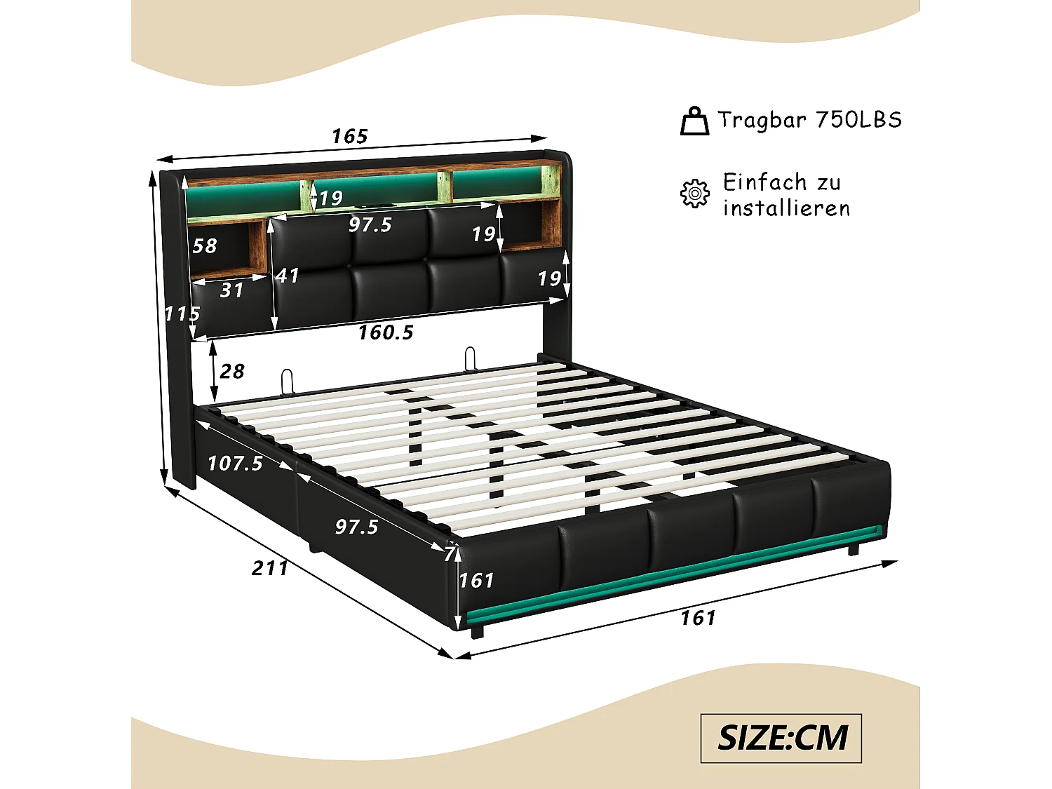 Tweepersoonsbed 160 x 200, LED-lichtstrip + nachtkastje + opbergruimte onder het bed, zwart, PU