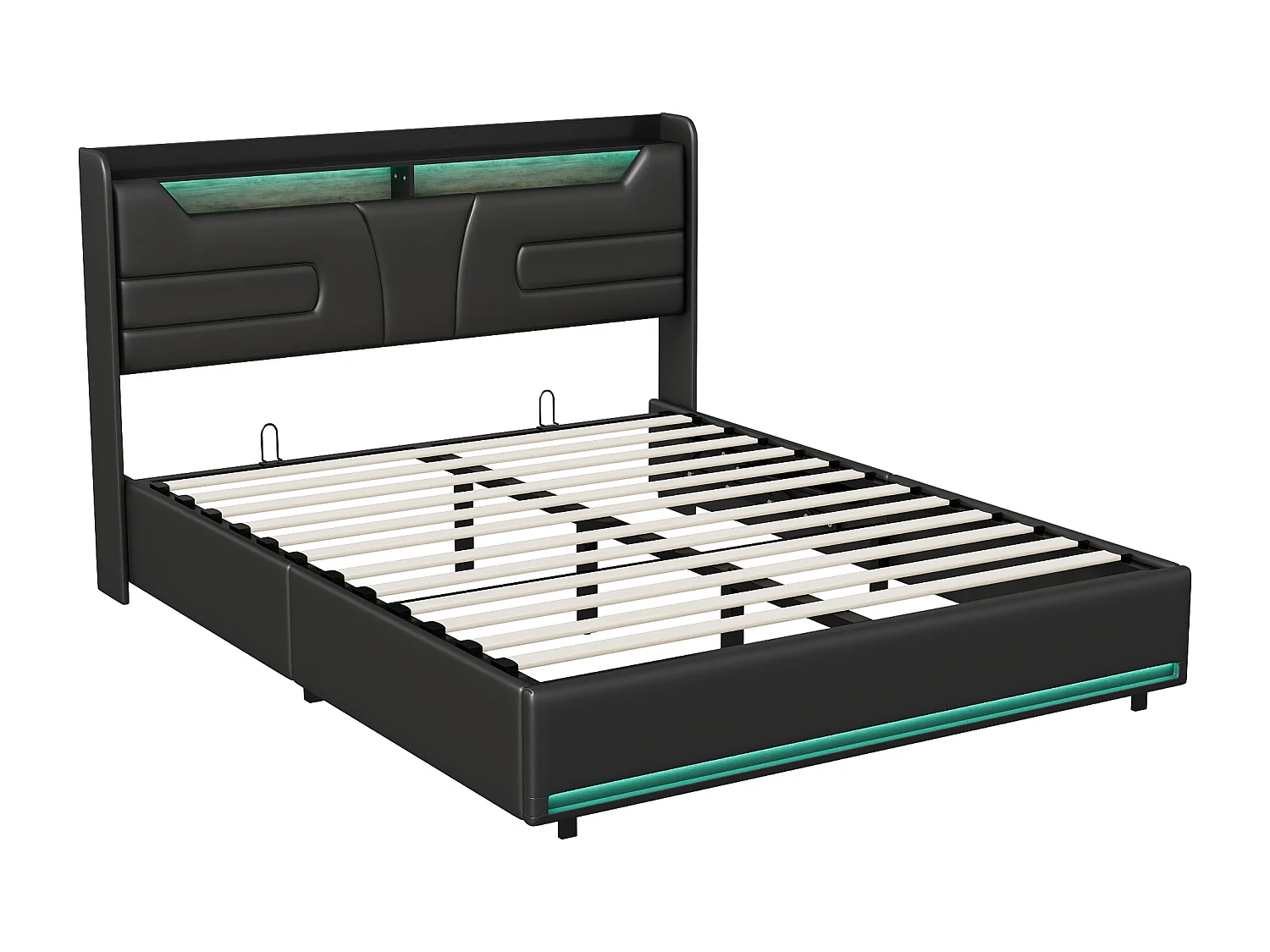 Cama de casal 140*200, haste de gás, armazenamento embaixo da cama, cinto de luz LED + carregador de cabeceira, PU, preto