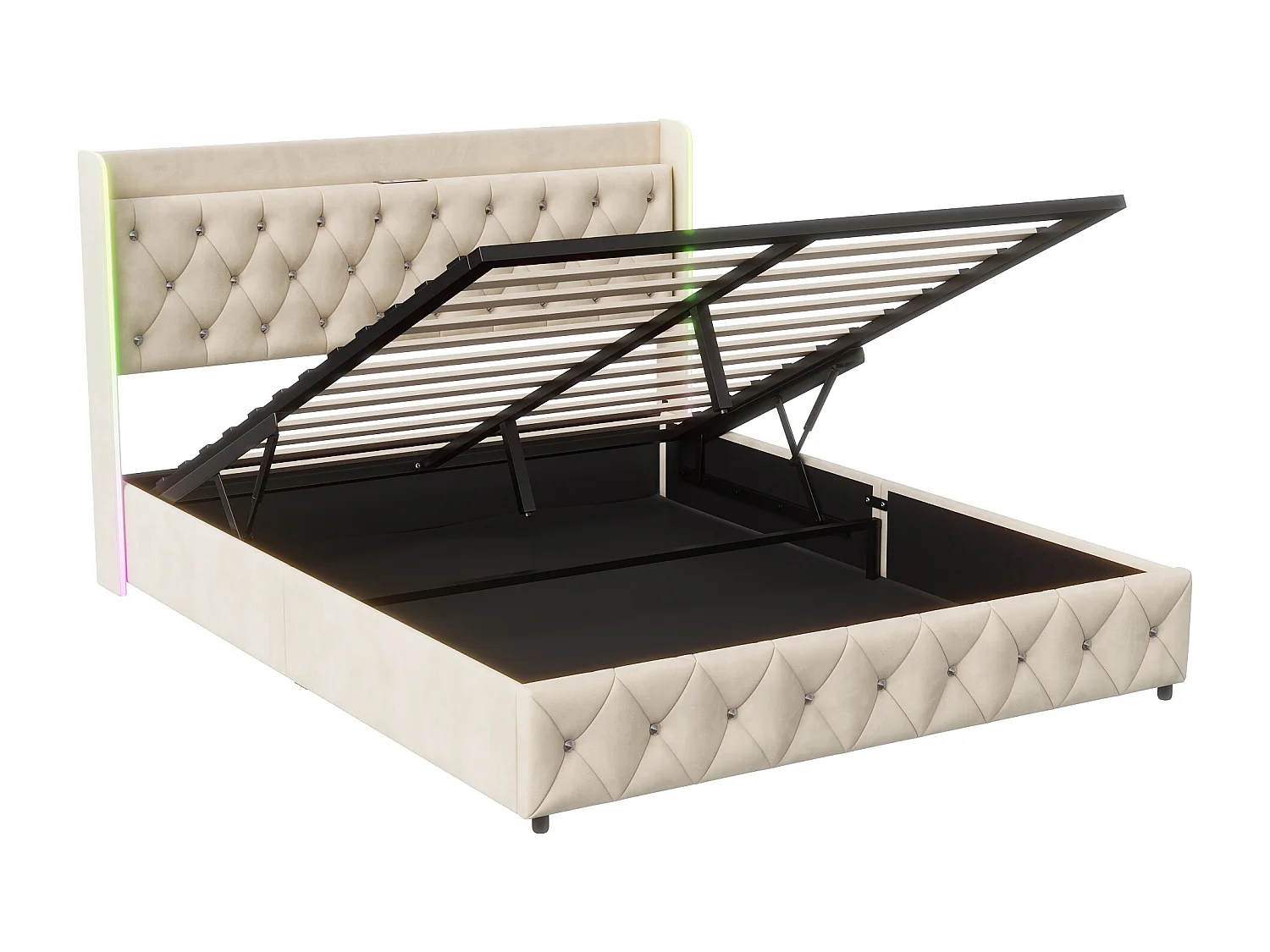 Letto matrimoniale 140*200, luce LED, asta idraulica, ricarica USB, contenitore sottoletto, beige, flanella