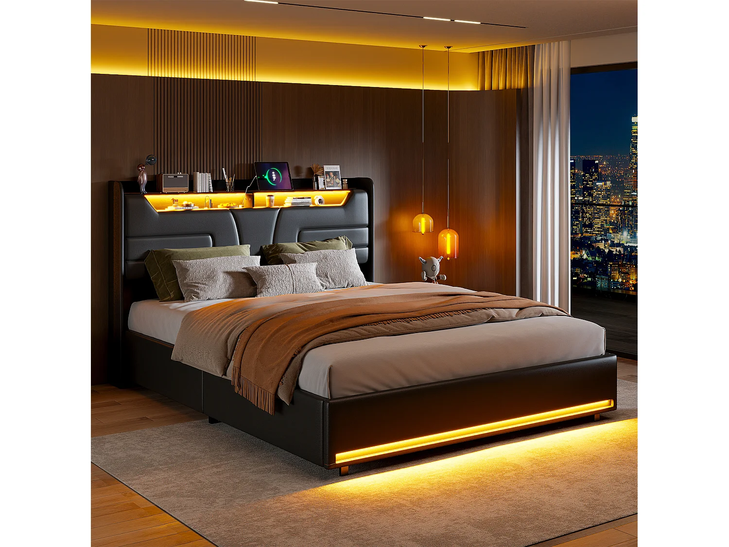 Lit double 160*200, tige à gaz, rangement sous le lit, ceinture lumineuse LED + recharge chevet, PU,noir