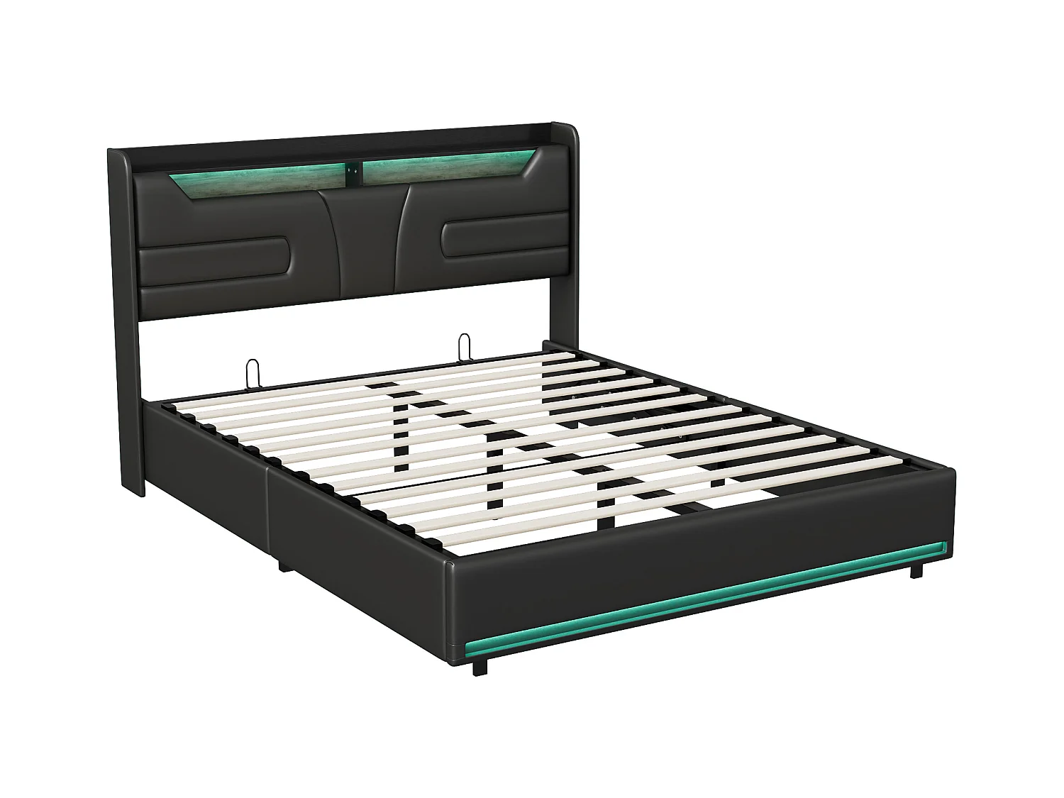 Lit double 160*200, tige à gaz, rangement sous le lit, ceinture lumineuse LED + recharge chevet, PU,noir