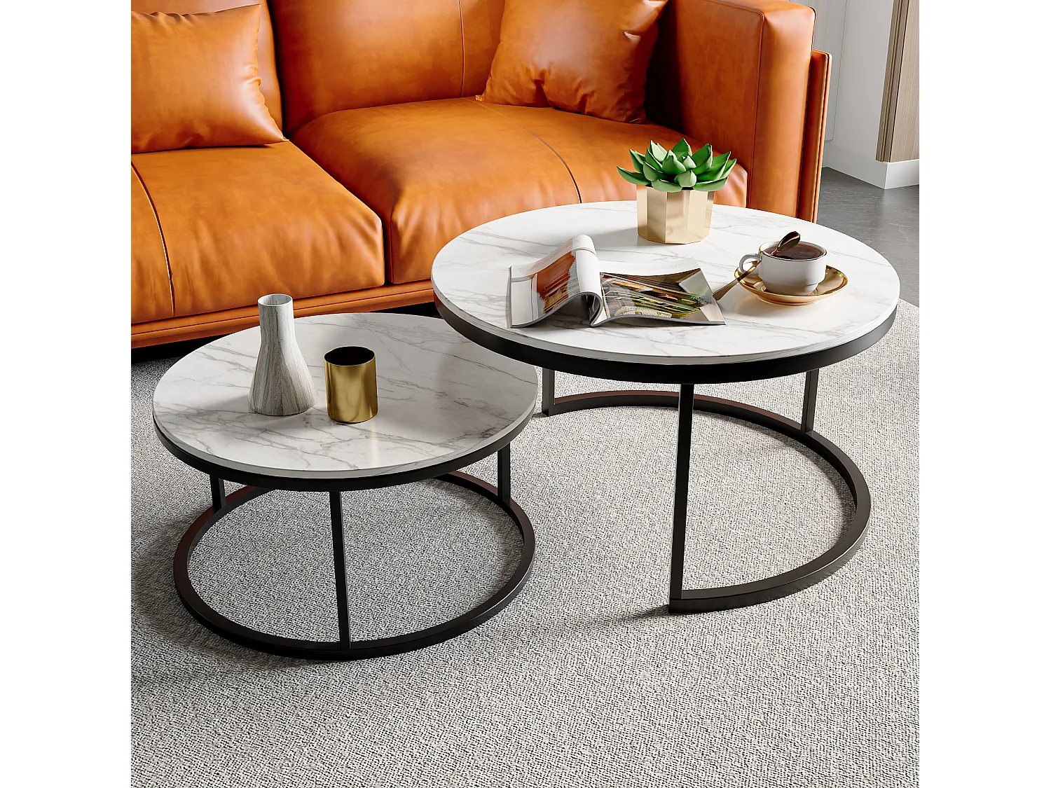 Lot de 2 tables d'appoint rondes - Aspect marbre - Table basse ronde - bois avec cadre en métal - 80x45 cm + 60x33 cm - Blanc