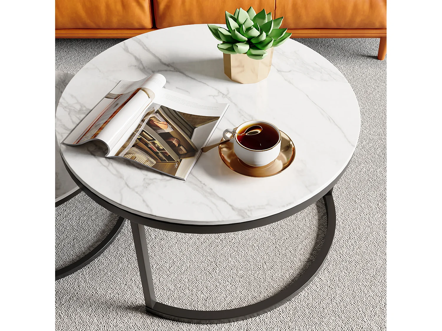Set van 2 moderne, in elkaar passende salontafels, zwart metalen frame, marmeren blad - 80 cm