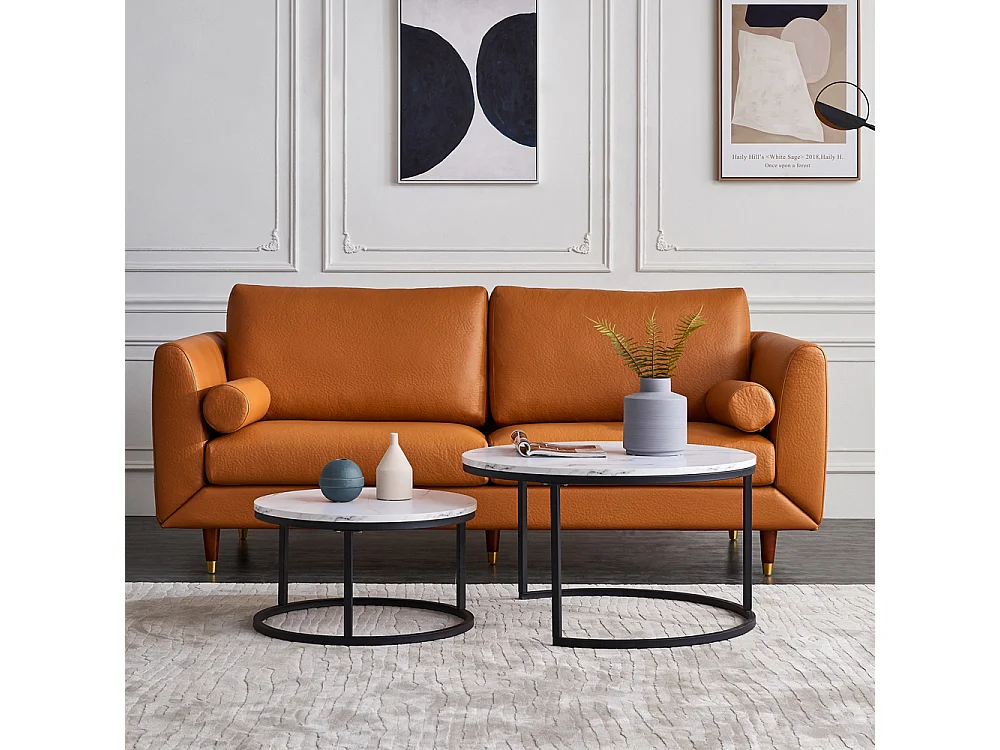 Set van 2 moderne, in elkaar passende salontafels, zwart metalen frame, marmeren blad - 80 cm