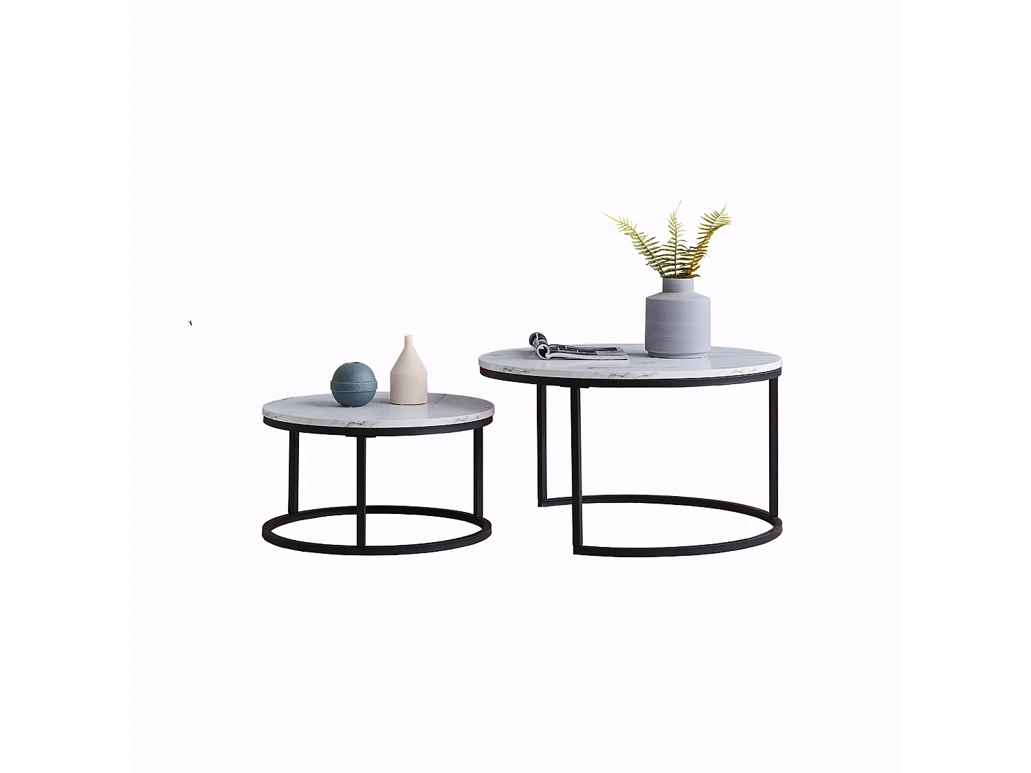 Set van 2 moderne, in elkaar passende salontafels, zwart metalen frame, marmeren blad - 80 cm