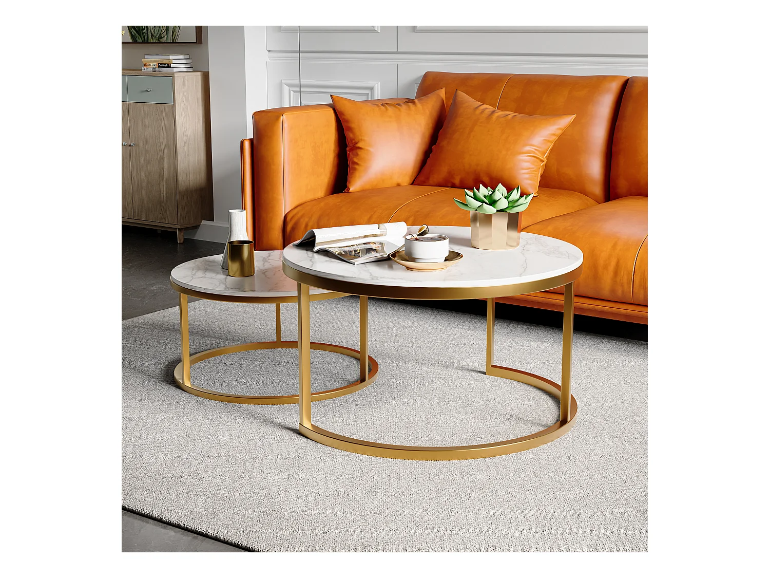 Juego de 2 mesas de centro nido modernas, estructura de metal dorado, tablero de mármol - 80 cm