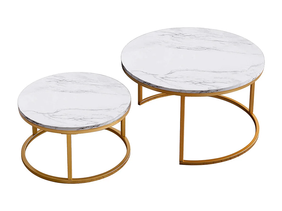 Conjunto de 2 mesas de centro modernas de encaixe, estrutura de metal dourado, tampo de mármore - 80 cm