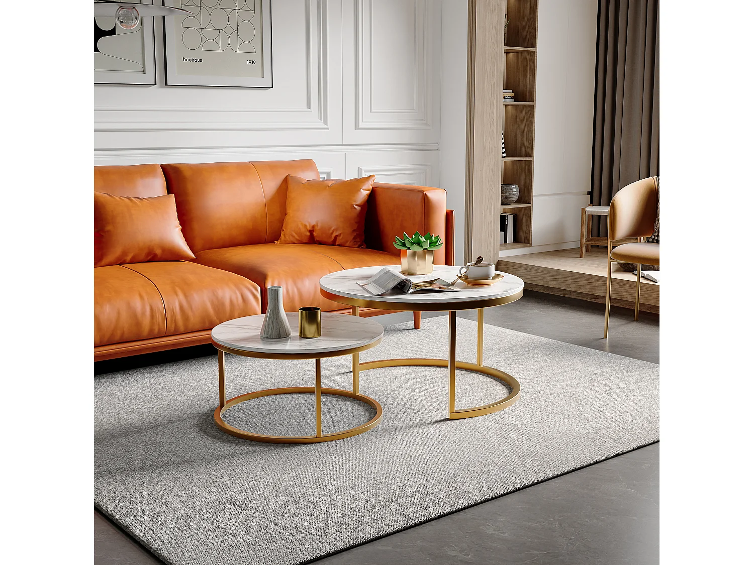 Lot de 2 tables basses gigognes modernes, structure en métal doré, plateau en marbre - 80 cm