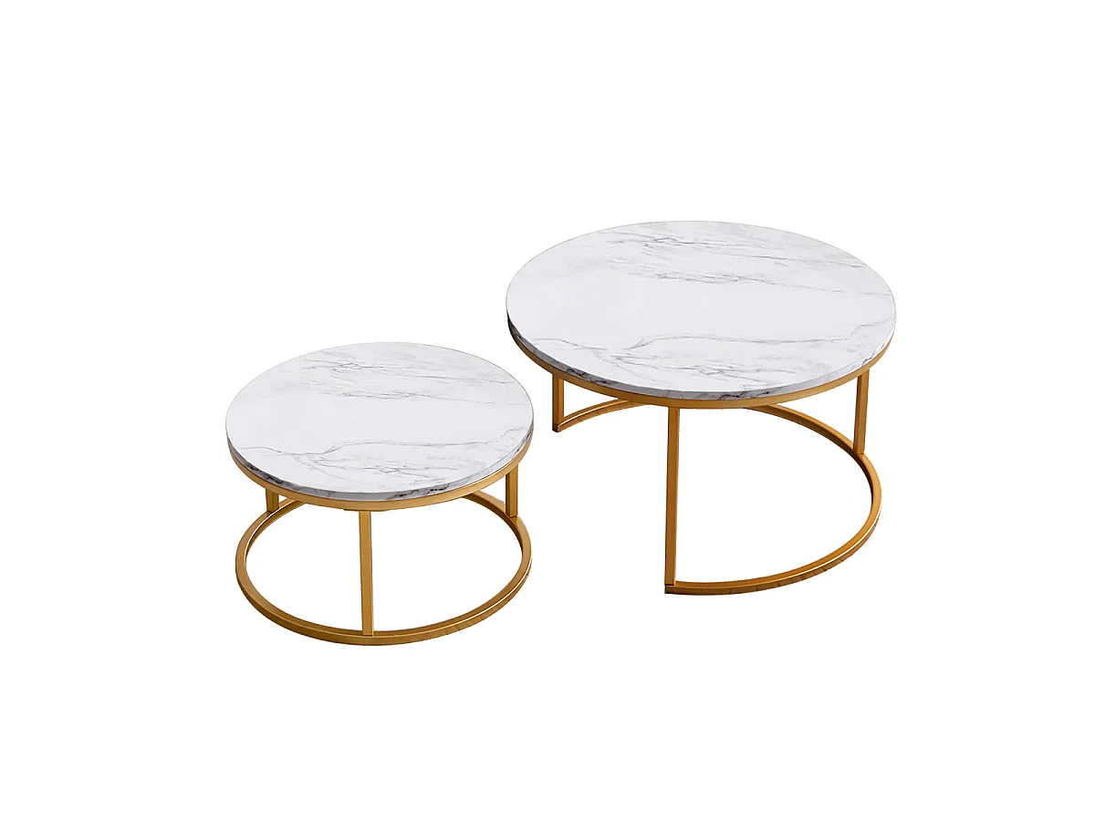 Lot de 2 tables basses gigognes modernes, structure en métal doré, plateau en marbre - 80 cm