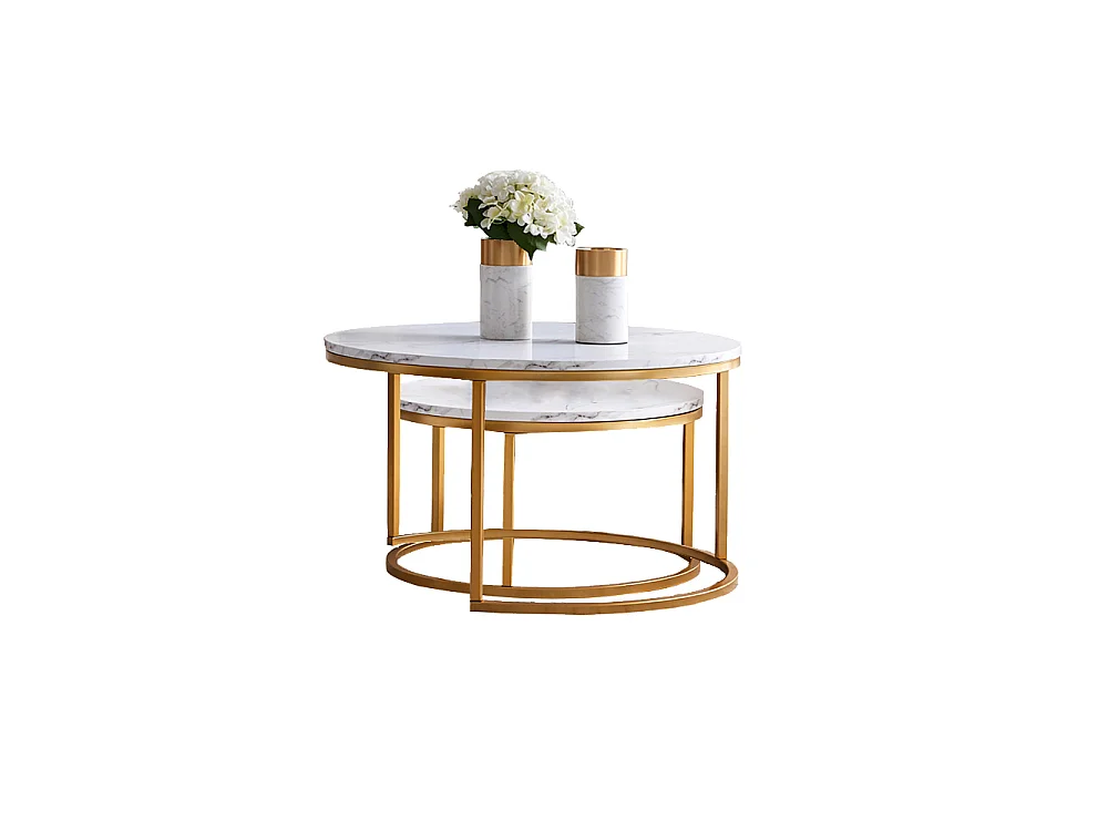 Lot de 2 tables basses gigognes modernes, structure en métal doré, plateau en marbre - 80 cm