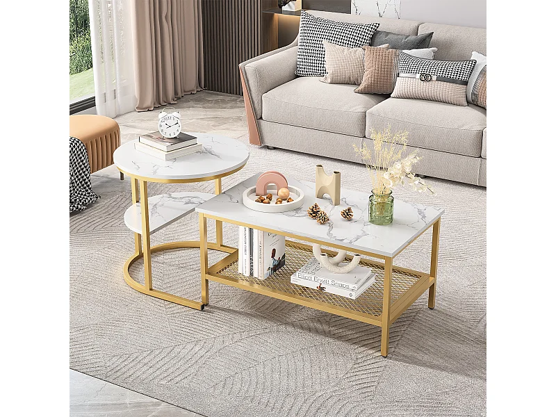 Ensemble de 2 tables d'appoint en marbre avec espace de rangement, or, métal