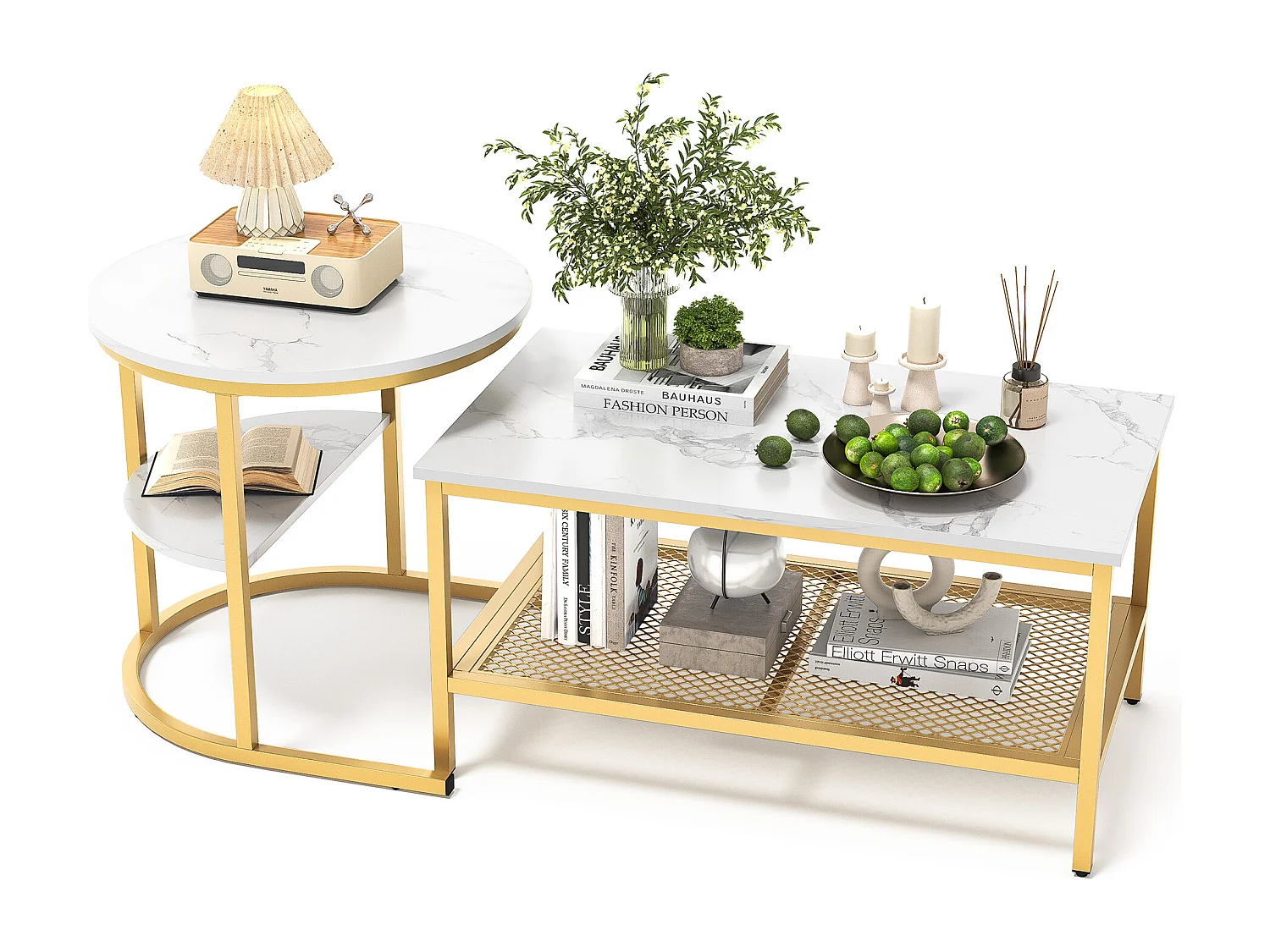 Conjunto de 2 mesas laterais de mármore com espaço de armazenamento, dourado, metal