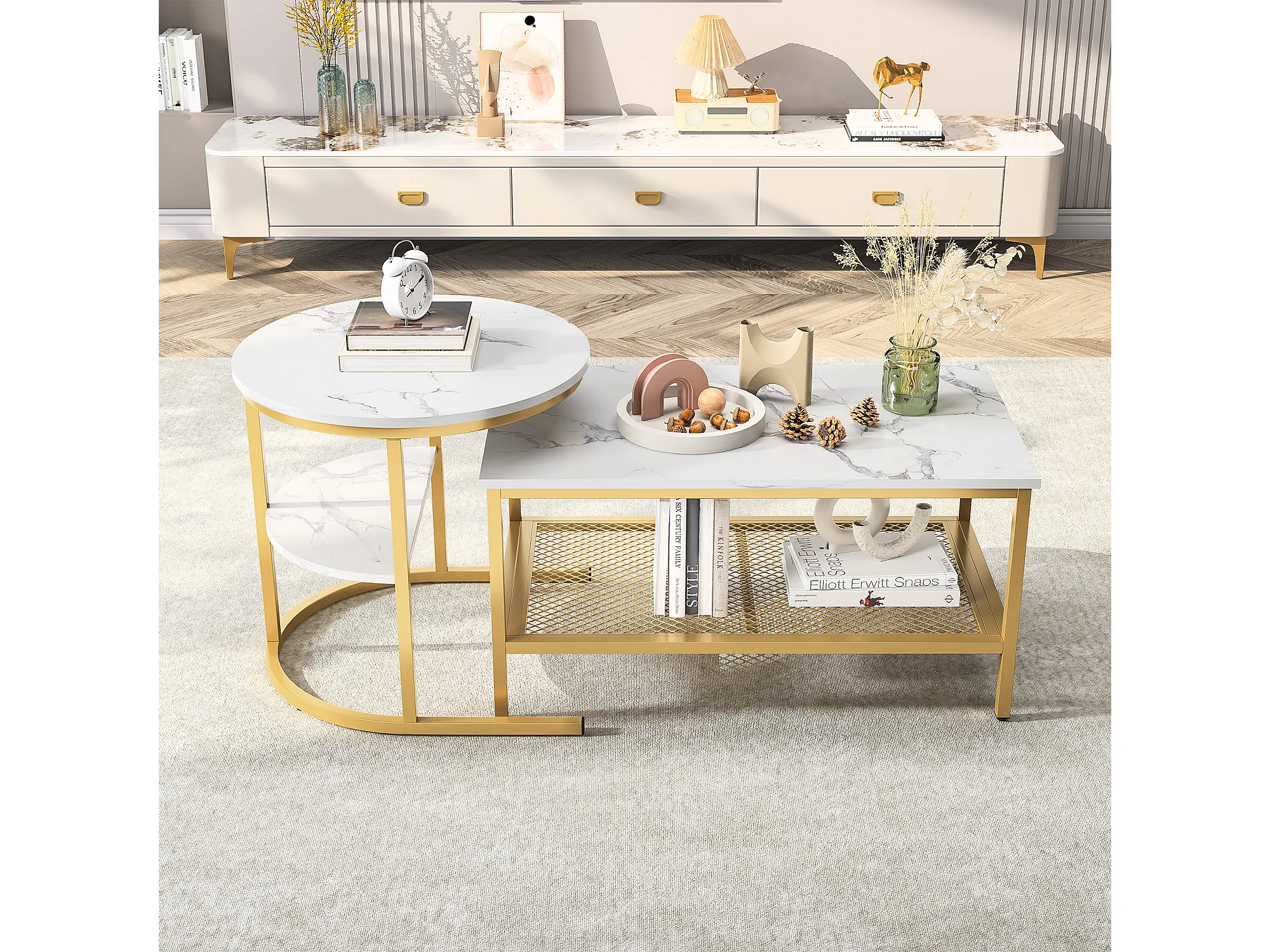 Ensemble De 2 Tables Basses Design Marbre - Rond Et Rectangulaire - Cadre Métal, Rangement Intégré - Blanc Et Doré