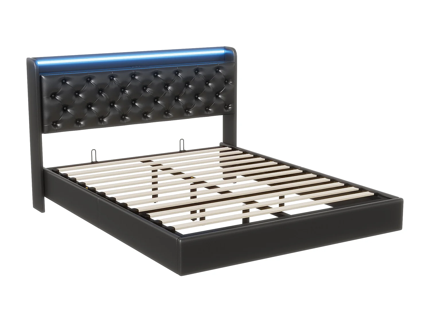 Letto contenitore 160 x 200, effetto visivo sospeso, striscia luminosa a LED, presa elettrica sul comodino + vano contenitore, PU