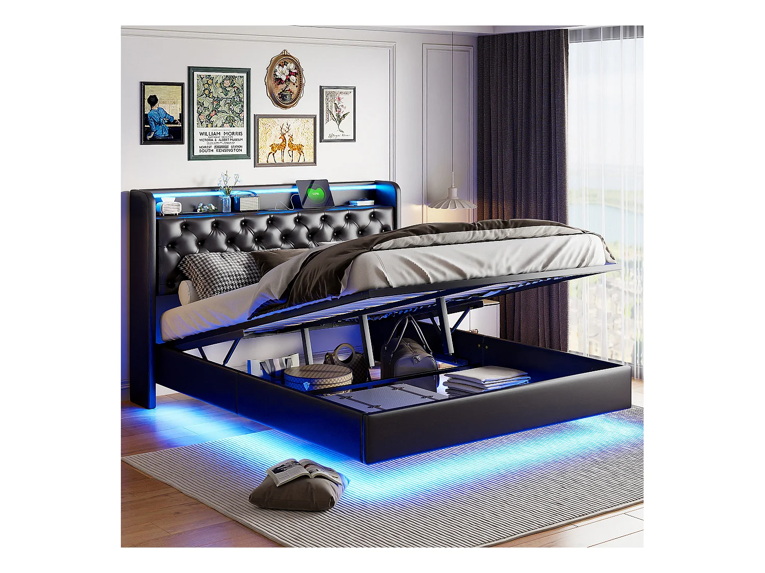 Lit coffre 160 x 200 , effet visuel suspendu, bandeau lumineux LED, prise de chevet + vide-poches, PU