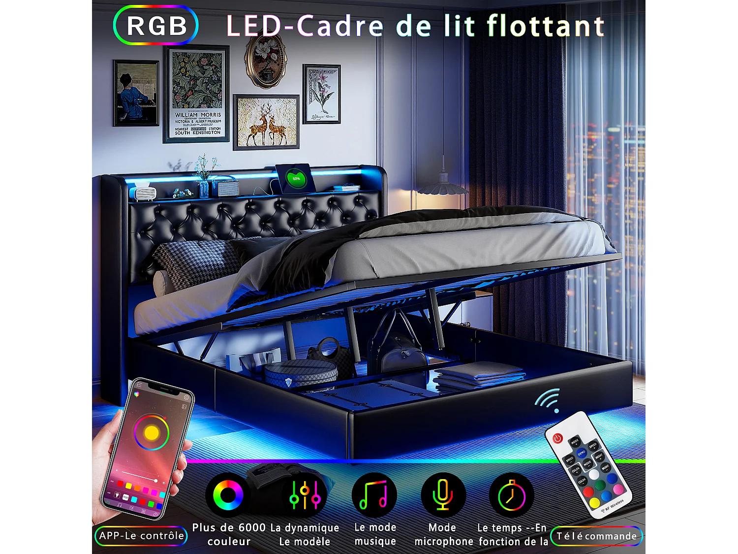 Cama con canapé de 160 x 200, efecto visual suspendido, tira de luz LED, enchufe junto a la cama + compartimento de almacenamiento, PU