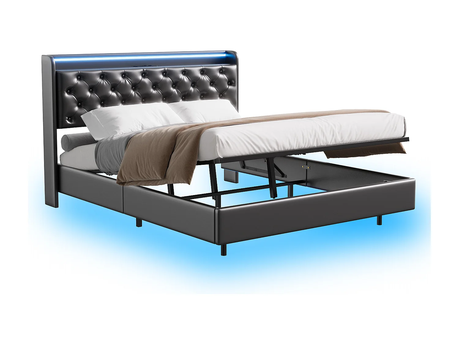 Cama con canapé de 160 x 200, efecto visual suspendido, tira de luz LED, enchufe junto a la cama + compartimento de almacenamiento, PU