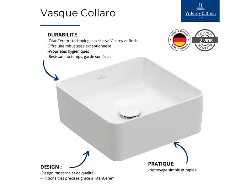 Vasque a poser carree VILLEROY ET BOCH Collaro Blanc CeramicPlus