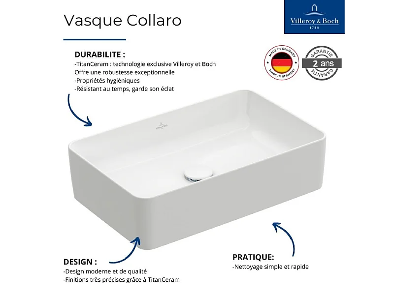 Vasque a poser rectangle VILLEROY ET BOCH Collaro Stone White CeramicPlus