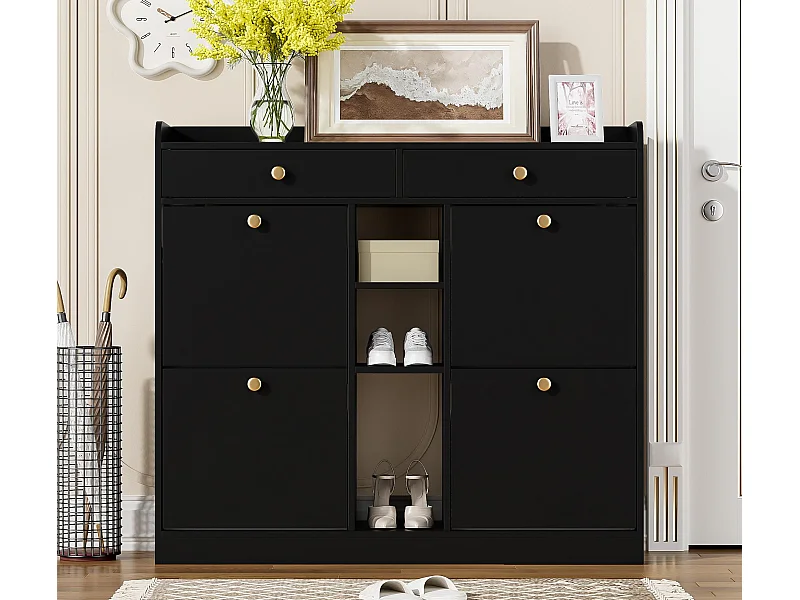 Schoenkast 110 x 26 x 100 cm - 4 deuren - 2 laden - 3 open vakken - zwart