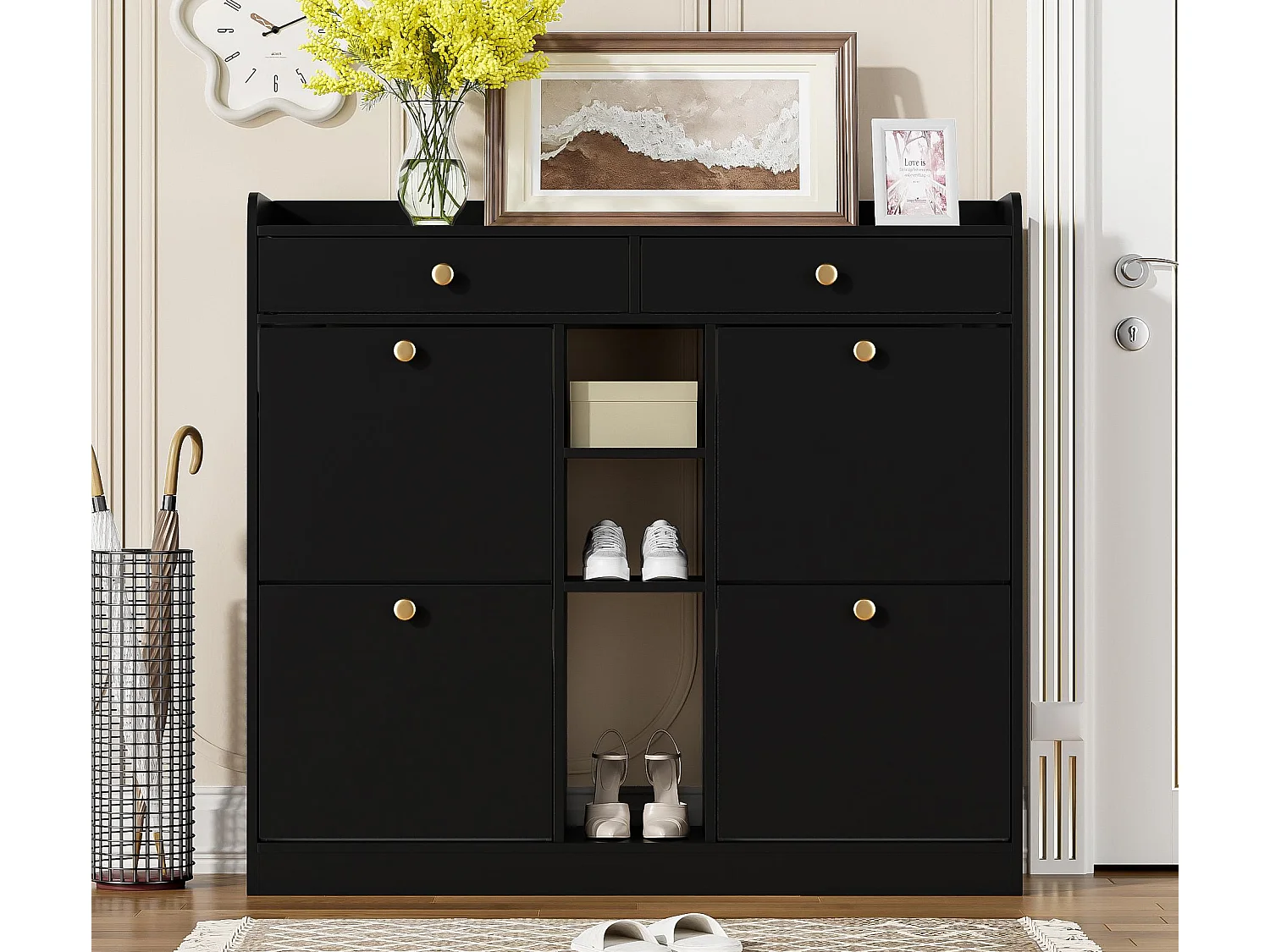 Meuble à chaussures 110 x 26 x 100 cm - avec 4 portes - 2 tiroirs - 3 compartiments ouverts - noir