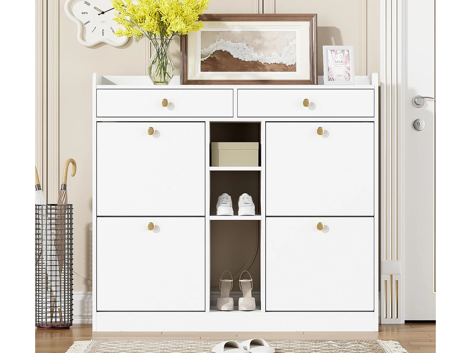 Meuble à chaussures 110 x 26 x 100 cm - avec 4 portes - 2 tiroirs - 3 compartiments ouverts - blanc