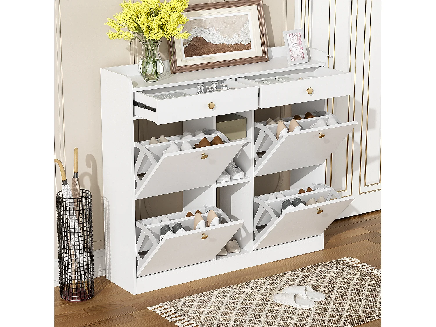 Meuble à chaussures 110 x 26 x 100 cm - avec 4 portes - 2 tiroirs - 3 compartiments ouverts - blanc