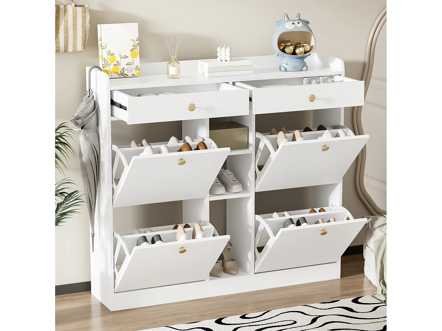 Meuble à chaussures 110 x 26 x 100 cm - avec 4 portes - 2 tiroirs - 3 compartiments ouverts - blanc