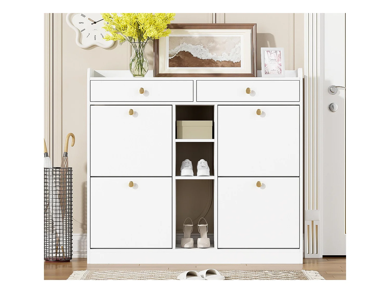 Meuble à chaussures 110 x 26 x 100 cm - avec 4 portes - 2 tiroirs - 3 compartiments ouverts - blanc