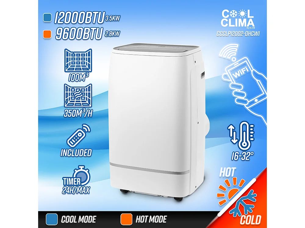 Climatiseur mobile réversible chaud/froid 12000BTU - 3.5KW avec télécommande et fonction Wifi