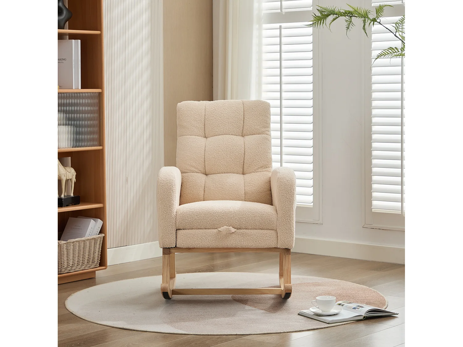 Fotel bujany 132x50x99cm - Konstrukcja z litego drewna - Welur - beżowy