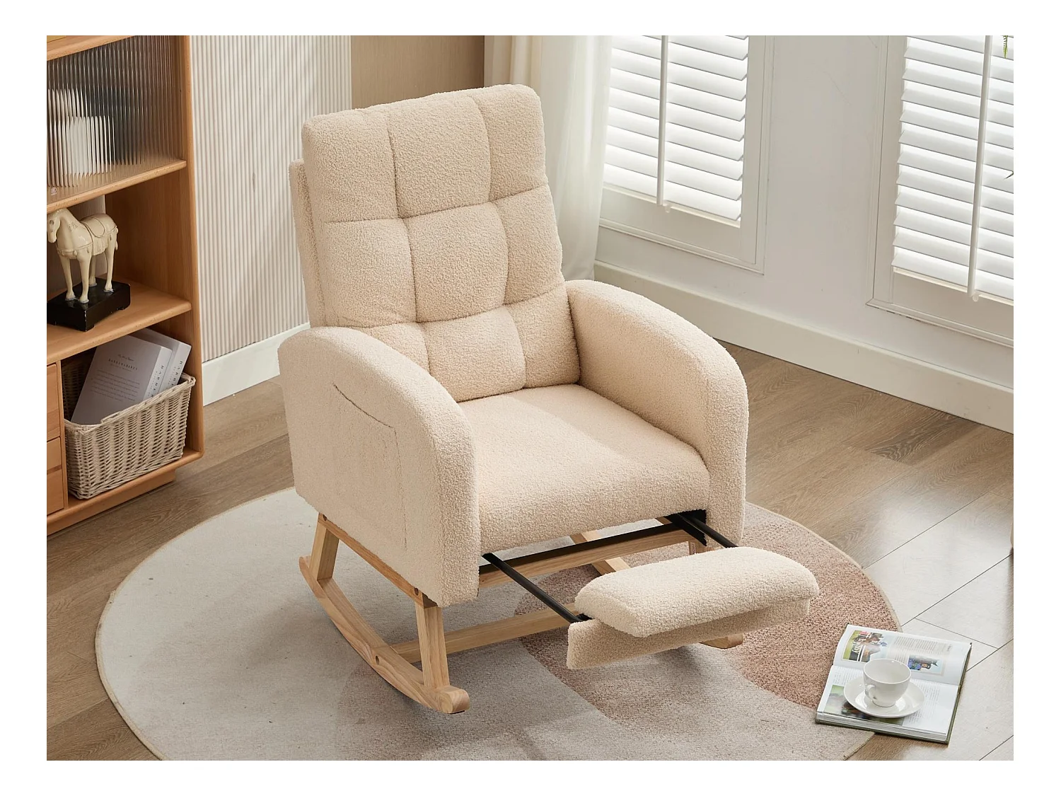 Fauteuil à bascule 132x50x99cm - Structure en bois massif - Velours - beige