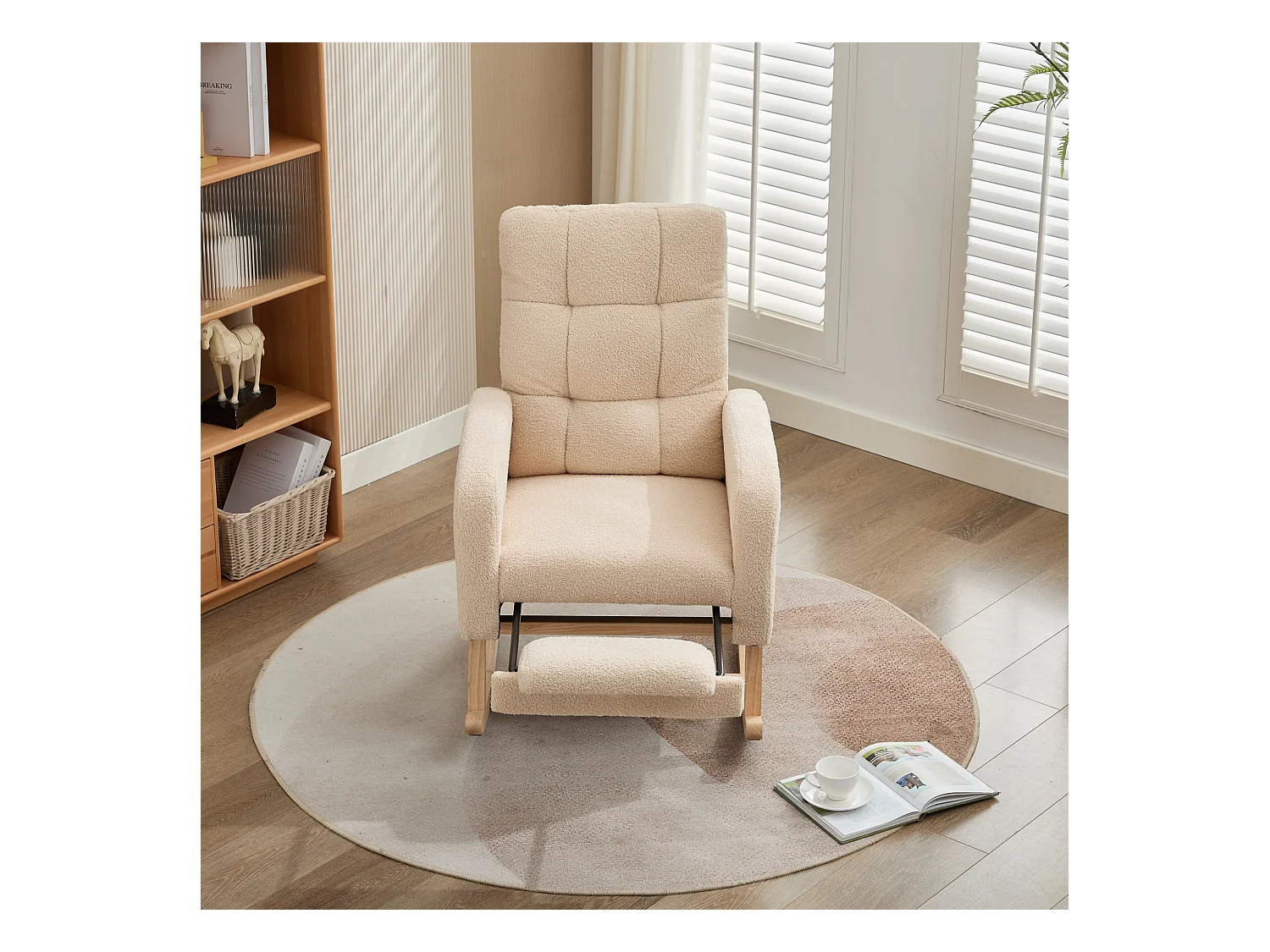 Fauteuil à bascule 132x50x99cm - Structure en bois massif - Velours - beige