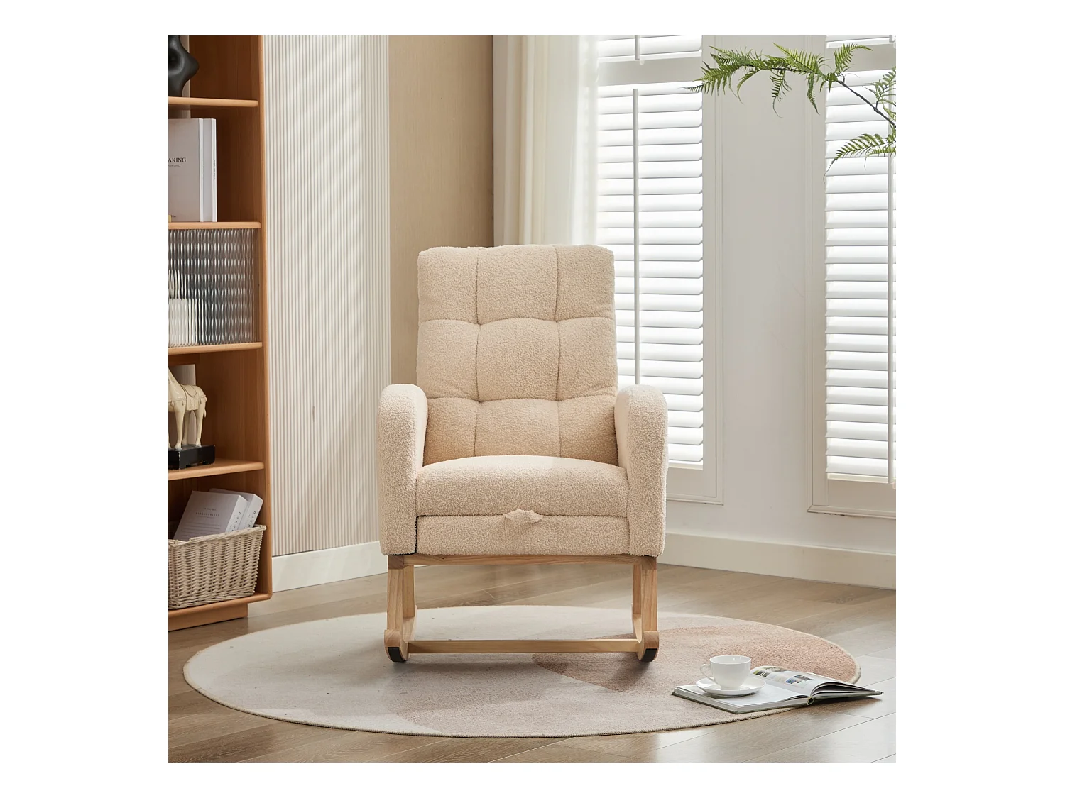 Fauteuil à bascule 132x50x99cm - Structure en bois massif - Velours - beige