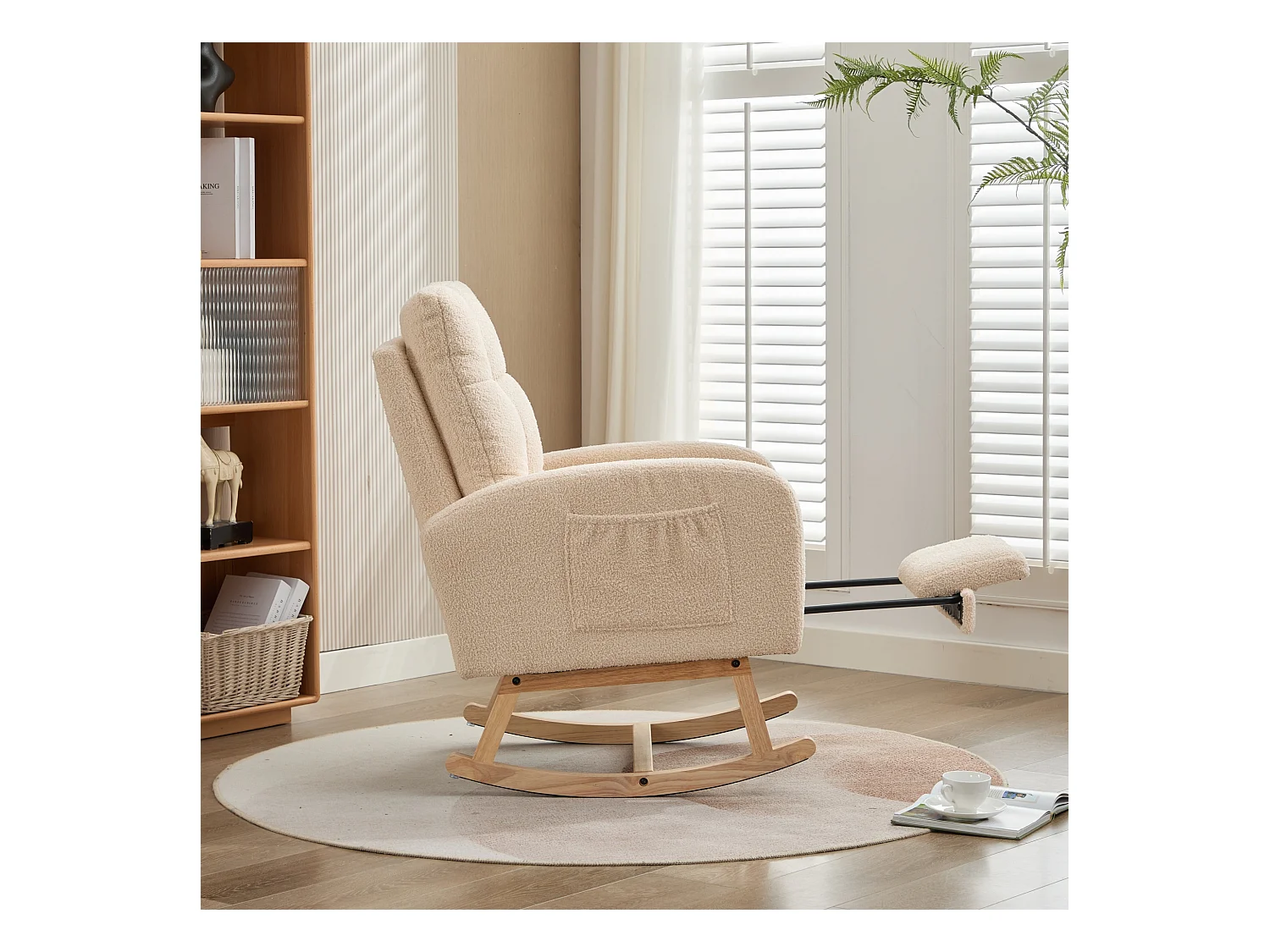 Fauteuil à bascule 132x50x99cm - Structure en bois massif - Velours - beige