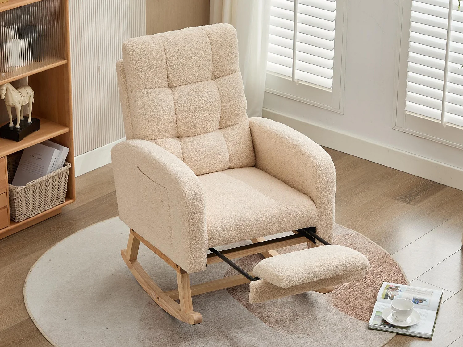 Fauteuil à bascule 132x50x99cm - Structure en bois massif - Velours - beige